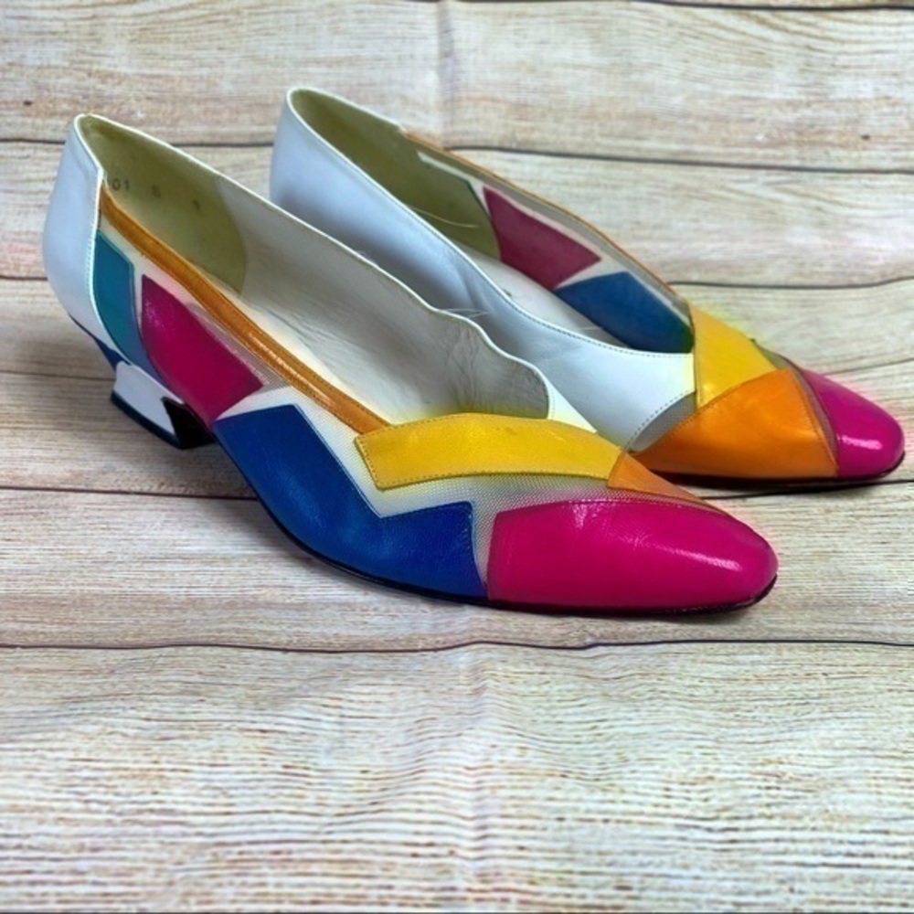 80s Stuart Weitzman color block heels.  Vintage. Leather. Metal mesh. 9